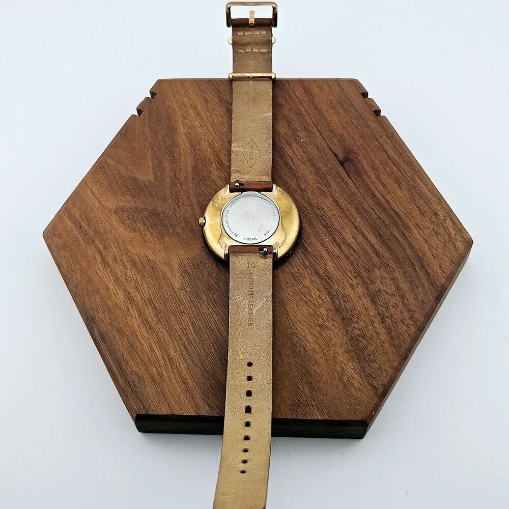 Fossil Womens Black Marble Bezel Watch Brown Leather Band Elevated Basic ES-4382